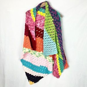 🌈🧶Handmade Boho Rainbow Yarn Knitted GrannyCore Style Granny Throw Shawl Wrap
